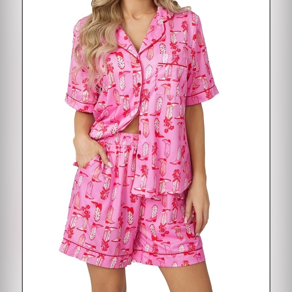 Unbranded Cowboy Boot Print Collared Short Sleeve Shorts Pajama Set Pink Large